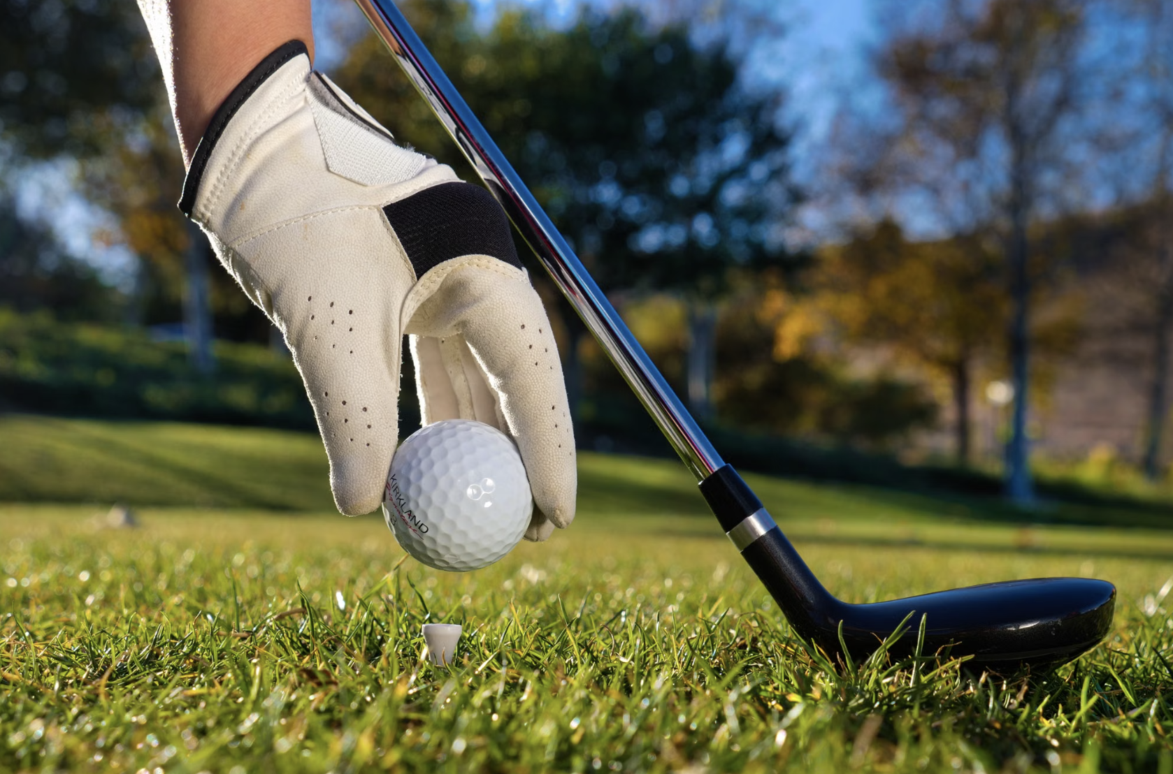 GOLFER PUTTING GOLF BALL ON TEE